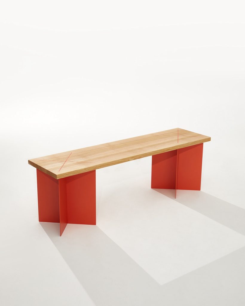 Heilig Objects OHUS Bench ash wood and salmon orange powder coated